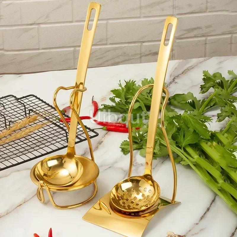 Leaky Stainless Steel Gold Plated Spoon Thickened Household Commercial Spoon Hot Pot Restaurant Ladle Cooking Soup Spoons