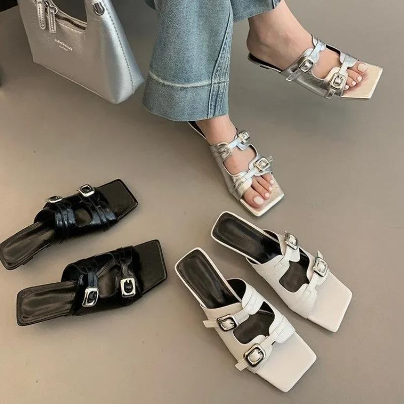 Punk Gothic Buckle High Heel Sandals New 2025 Summer Square Toe Silver Low Heel Slippers Women Designer Party Shoe Zapatos