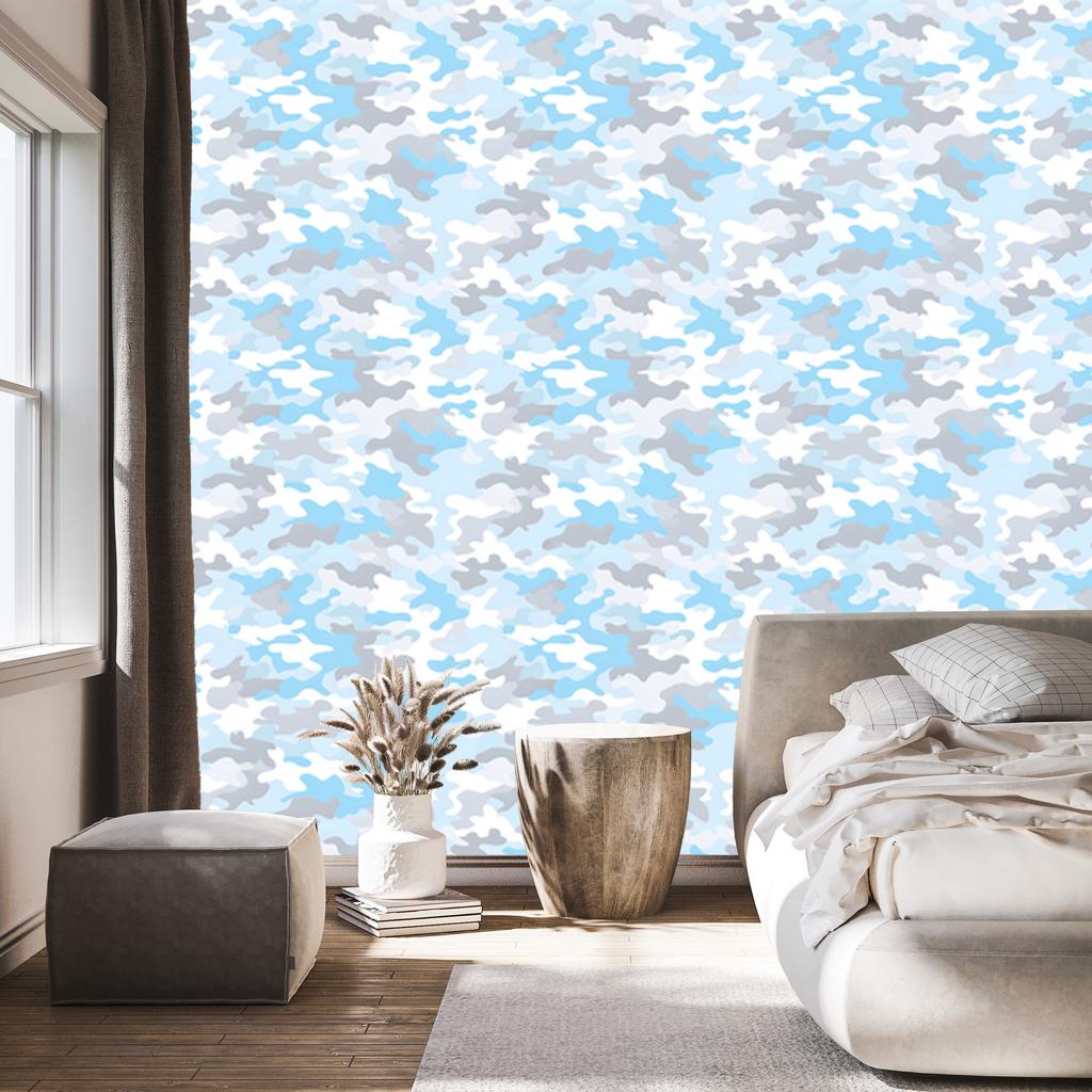 Azure and white military camouflage wallpaper for living room and bedroom 50x1000