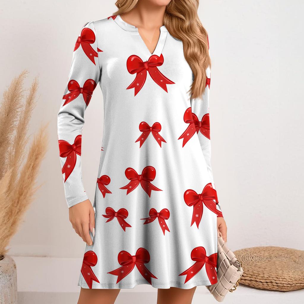 Women's Christmas Printed Dress Loose V-neck Casual Long Sleeved Dress