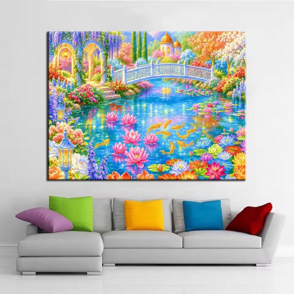 Beautiful Pond Lotus Flowers and Pavilion DIY Diamond Painting Kits New 2026 Full Square Round Diamond Mosaic Embroidery Cross Stitch Kits
