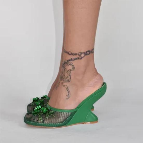 Mode Damen Sommer Keilabsätze Mesh Schuhe Für Damen Blume Runde Zehenpartie Slipper Aushöhlen Hochhackige Sandalen Mujer Party Hochzeit Pumps