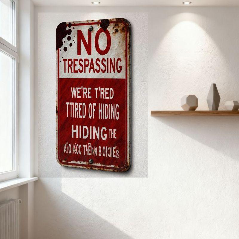 Vintage Red White Metal NO TRESPASSING Sign Rust Stains Retro Wall Decor for Home Bar Man Cave