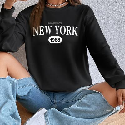 Women's Printed Crew Neck Hoodie, Retro Design & Versatile for Street  Look
