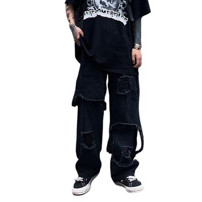At Marvelous Distressed Faux Layered Denim Long Pants Men's (ST/No. 23244) (M, Black)