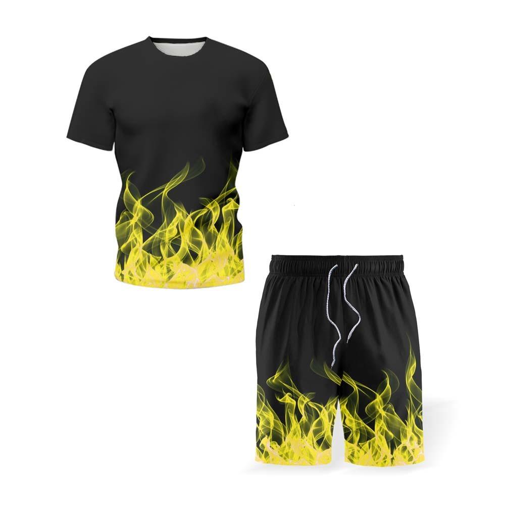 Trainingsanzug-Sets für Männer, bunte Flammen, Feuer, T-Shirt und Shorts, zweiteiliger Anzug, Übergröße 6XL, lässige Streetwear, männlich, 2021 Sommermode