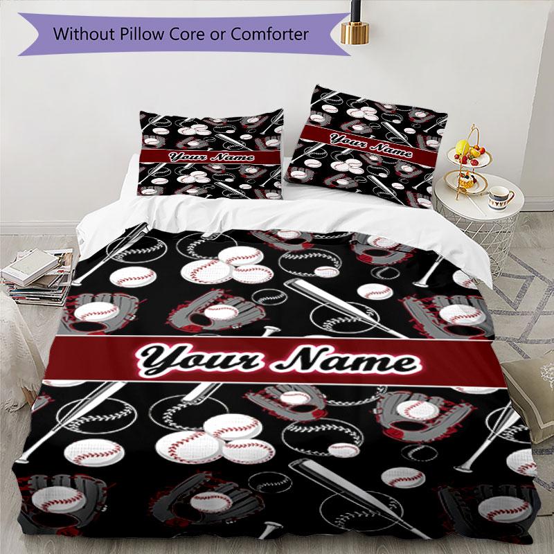 3PC Custom Name Baseball Gloves Bats Bedding Set Duvet Cover Closure Includes 1 Duvet Cover & 2 Pillowcases for Bedroom