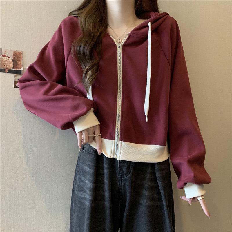 Korean Color Block Women's Hoodie Jacket - Autumn 2023, Short Drawstring, Zipper, Long Sleeve