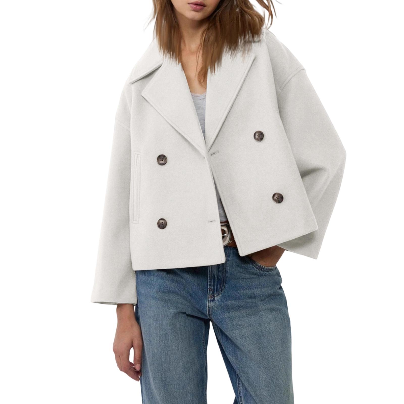 

Women s Fashionable, Elegant, -color, Long-sleeved, Short Woolen Coat With A Turned-up Collar XL білий