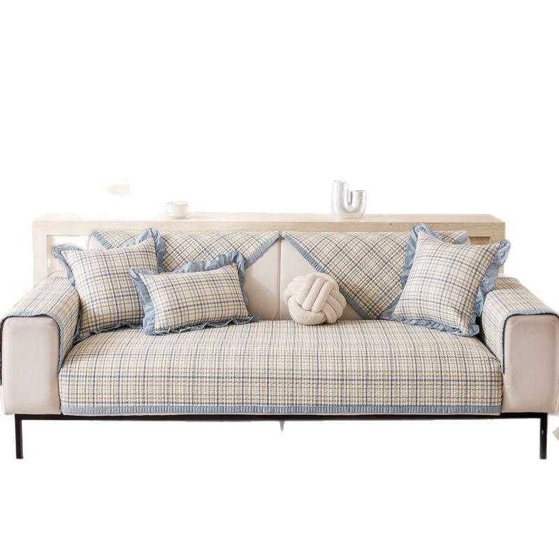 Quilted Washed Cotton Sofa Cushion Korean Small Fresh Fabric Non-slip Solid Wood Sofa Cover  New Seat Cushion