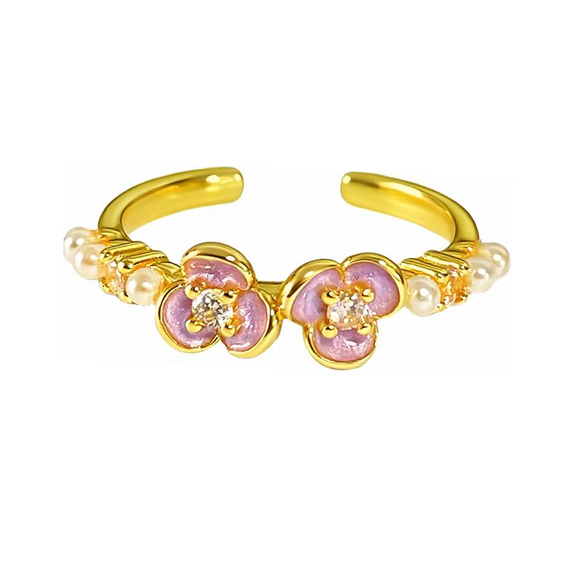 Gold Medieval Vintage Enamel Peach Blossom Butterfly Ring Niche Light Luxury High Sense French Retro Ring Woman