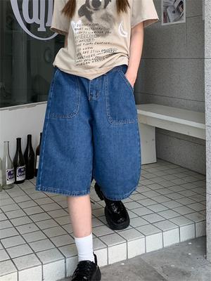 Loose Neutral Large Pocket Loose Shorts Women Y2k Retro Wide Leg Denim Half Pants Summer High Street Casual A-Line Blue Shorts Female