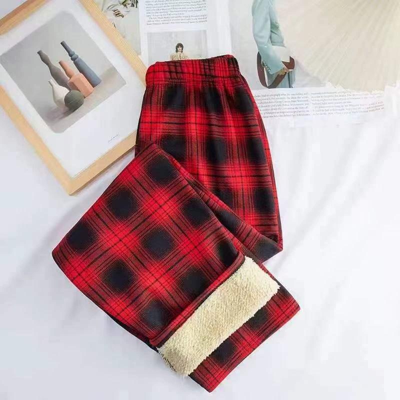 Women's Lambswool Plaid Fleece-Lined High-Waisted Loose Straight-Leg Wide-Leg Pants for Autumn/Winter 2025