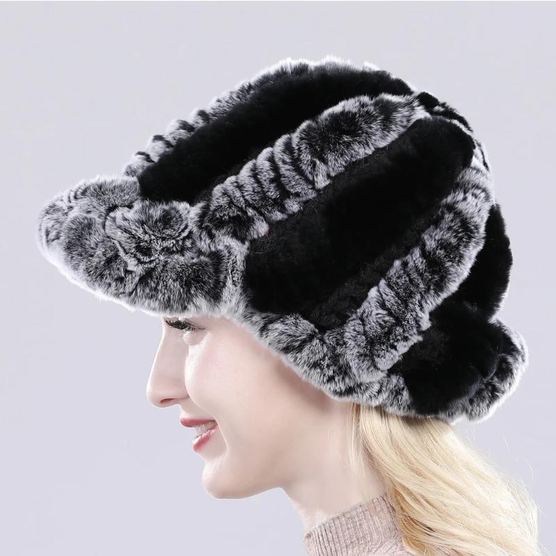 Lady Real Rex Rabbit Fur Hat Winter Knitted Natural Rex Rabbit Fur Caps Russia Women Warm Real Fur Beanies Hats