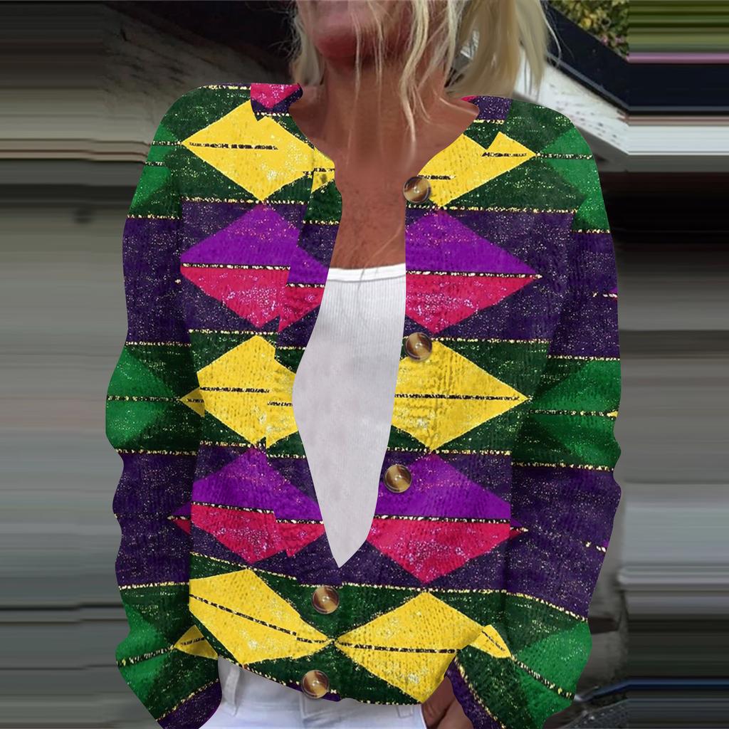 Women's Fashion Printed Long Sleeve Knitted Cardigan Button Down Jacket