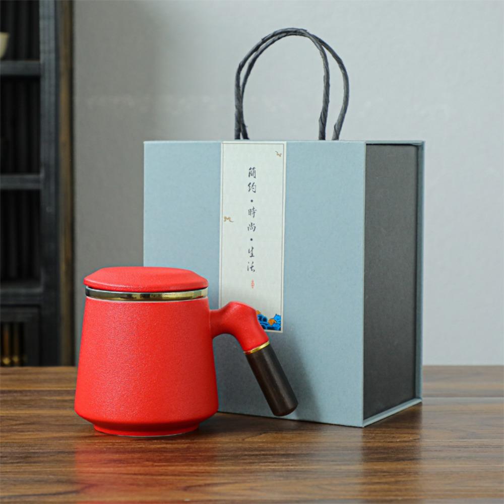 Ceramic Tea Cup with Lid Tea Separation Cup Filter Water Cup Creative Wooden Handle Cup Office Cup Gift Cup