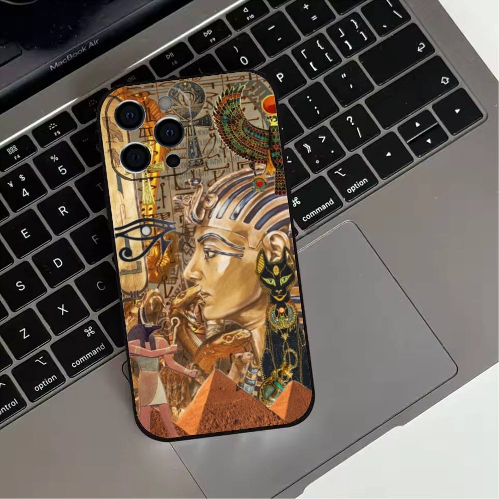 Egyptian Pharaoh Mural Phone Case For iPhone 17,16,15,14,13,12,11 Plus,Pro Max,XS,Soft Silicone Black Cover