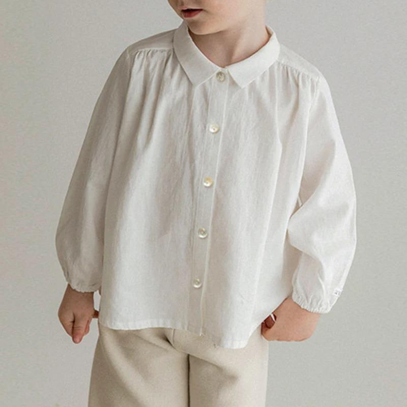 Boy's Buttons White Shirt Autumn Children Casual Lapel Collar Long-Sleeved Shirts Cardigan Girls Blouse