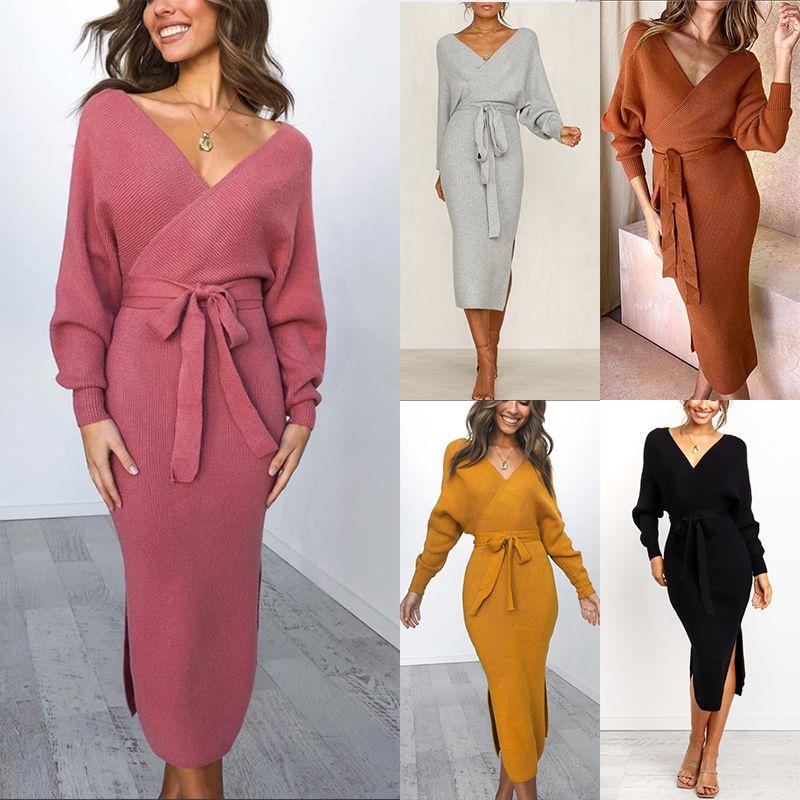 Elegant Women Winter Deep V-neck Knitted Sweater Dress With Cozy Long Sleeves