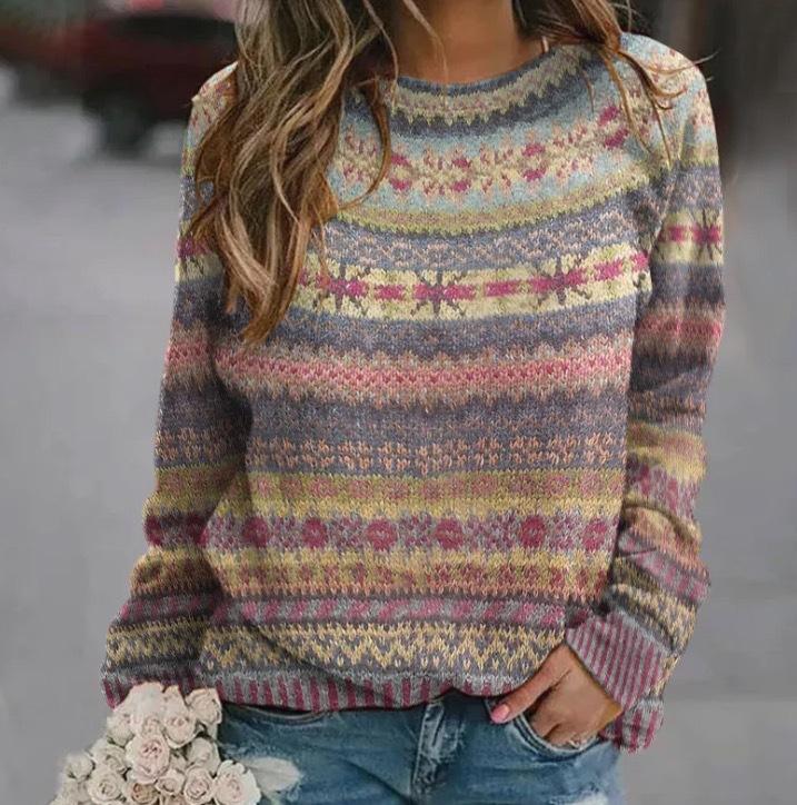 

Women s Colorful Striped Knit Sweater with Floral Pattern, Long Sleeve Casual Pullover S хакі