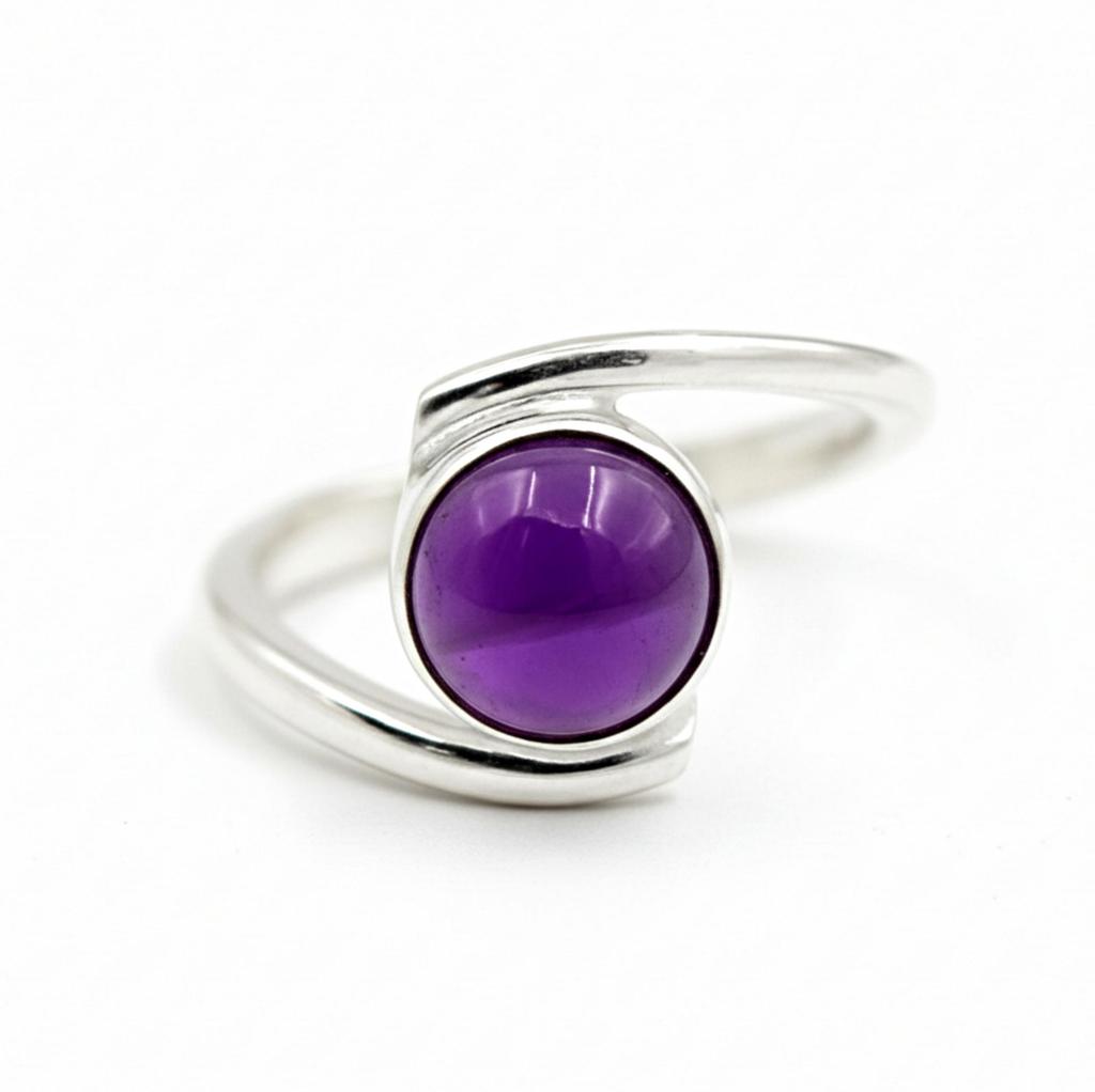 Purple Round Amethyst Ring, 925 Solid Sterling Silver, Promise Ring, Bypass Ring, Gift for Her