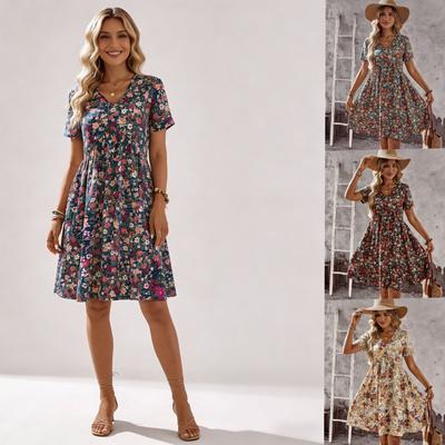 New Summer Bohemian Dress Short Sleeve V-Neck Vacation Casual Women's Medium and Long Dress
