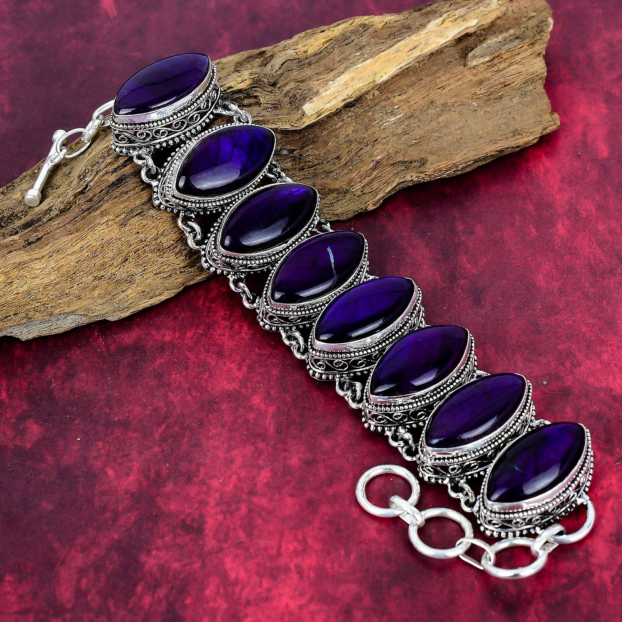 

Браслет из стерлингового серебра 925 пробы с фиолетовым лабрадоритом и регулируемой цепочкой, ювелирные изделия ручной работы с драгоценными камнями, браслет на День памяти