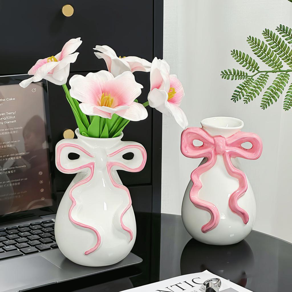 Ceramic Vase with Cute Bow Three-dimensional Ribbon Cartoon Bow Flower Vase Floral Arrangement Accessories Home Decoration