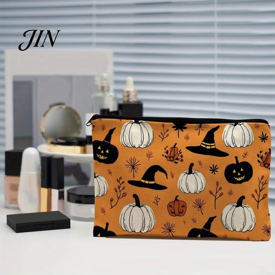 Festive Canvas Makeup Organizer Storage Bag, with Halloween Pumpkin Ghost Print, Smooth Portable Miscellaneous Item Bag Zipper for Travel Cosmetic