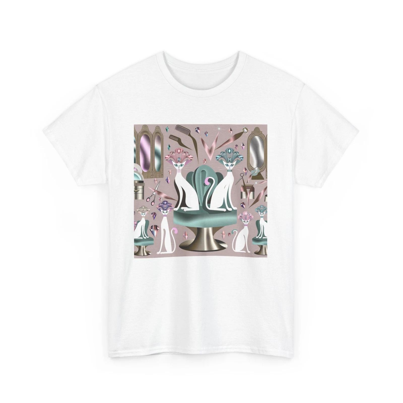 

Unisex Adult T Shirt Retro Cat Salon Art Deco Glamour Abstract Hair Dresser Tee 2XL