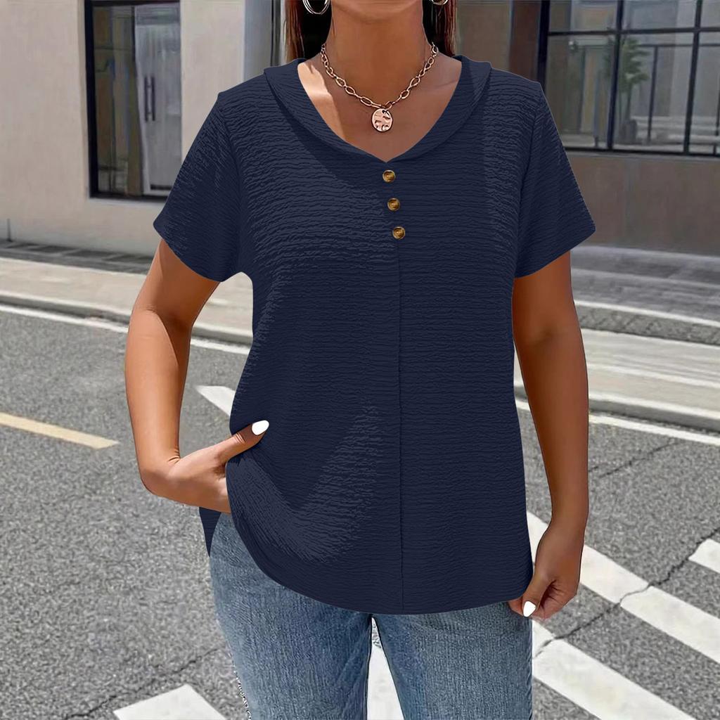 Women’s Short Sleeve Blouse with V Neck and Decorative Buttons Loose Fit Casual Top for Daily Wear
