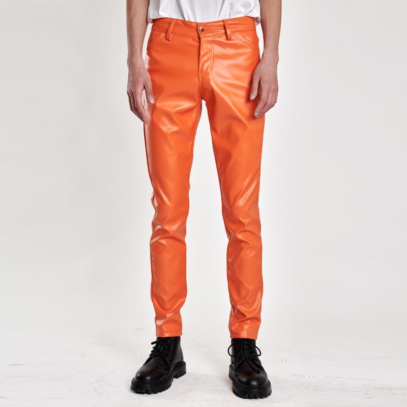 Pantaloni Lunghi Casual da Uomo Elasticizzati Slim Fit Sottili in Vera Pelle PU Monocolore