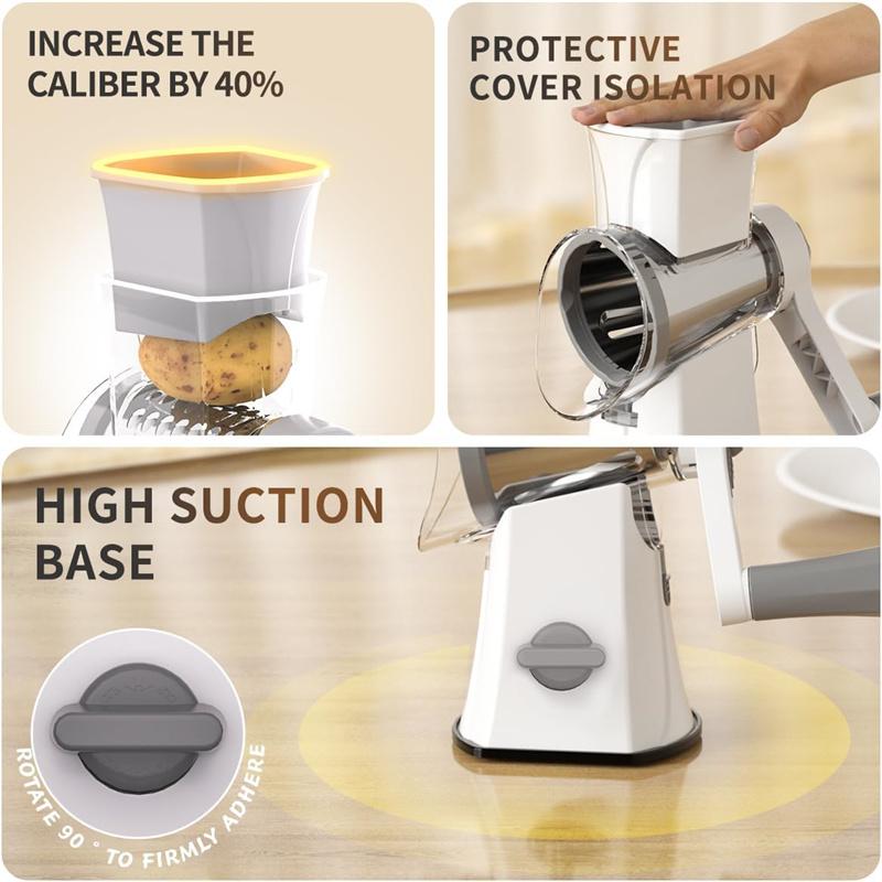 Multi-Function Rotary Cutter, Veggie Slicer, Cheese Shredder, 3-In-1 Interchangeable Blades Rotary Grinder With Hand Crank