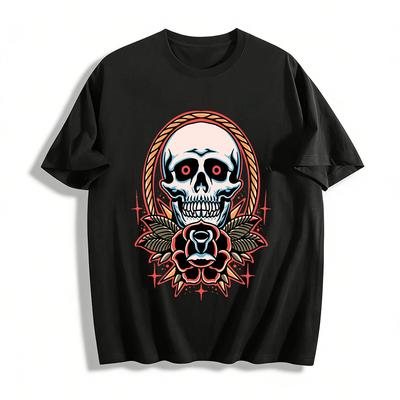 Vintage Skull Rose Print Trendy Casual Unisex Short Sleeve T-shirt Pure Cotton T-shirt