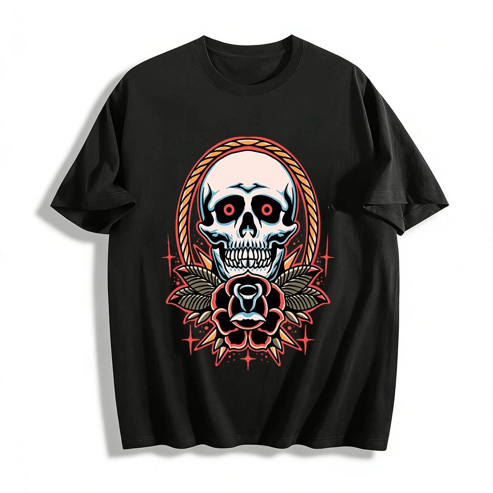 

Vintage Skull Rose Print Trendy Casual Unisex Short Sleeve T-shirt Pure cotton T-shirt XXS