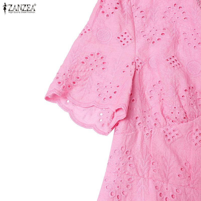 ZANZEA Women Elegant Crochet Patchwork Casual V-neck Short Sleeve Dress
