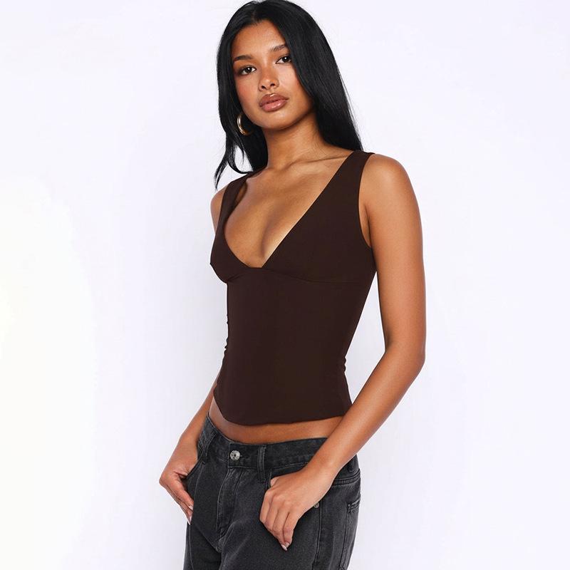 Women s Solid Color Deep V-neck Lace-up Slim-fit Camisole M