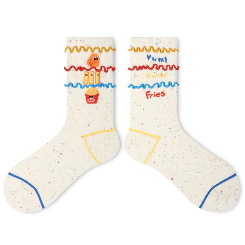 

Носки с рисунком фри, радужным рисунком, милые женские носки с рисунком из мультфильмов, осенне-зимние, средней длины, носки-трубы, креативные, забавные, модные, хлопковые носки, не портят обстановку белый
