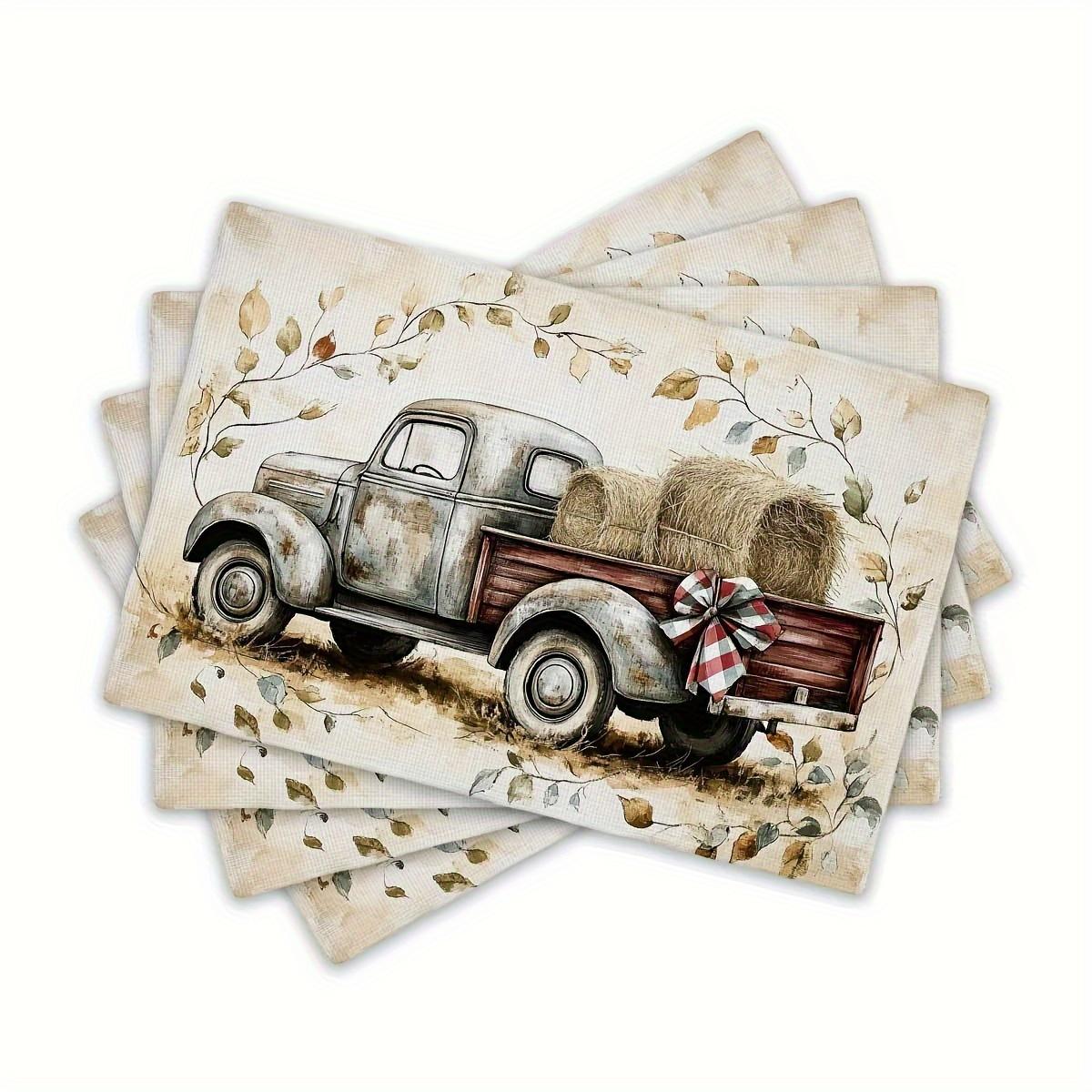 4pcs Linen Placemats, Autumn Farm Truck Decorative Placemats, Suitable for Kitchen and Restaurant Decoration, Family Gathering D 30x45cm-4PC