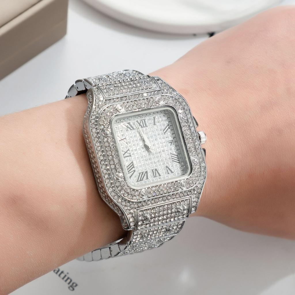 L77 Watch For Men Fashion Luxury Gold Square Diamond Full Sky Star Male's Clock Watches Steel Band Quartz Wristwatch