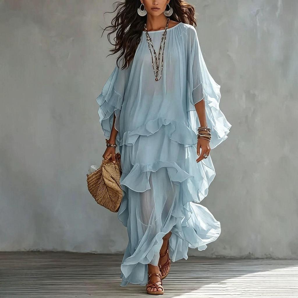 Elegant French-Style Ruffled A-Line Dress with Lantern Sleeves & Beaded Accents
