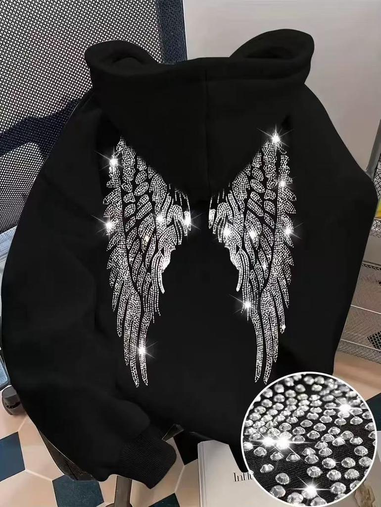 Hanorac cu glugă și mânecă lungă pentru femei, croială regulată, hoodie casual, pulover cu imprimeu aripi cu strasuri, poliester, îmbrăcăminte exterioară fashion