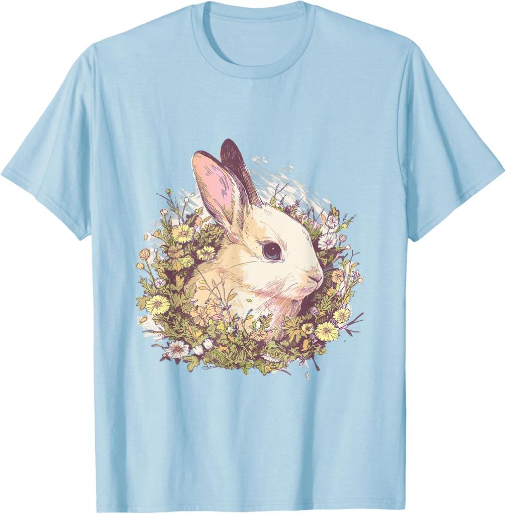 Bunny In Floral Garland Graphic Print Casual Cotton T-Shirt Spring Cottagecore Aesthetic Tee