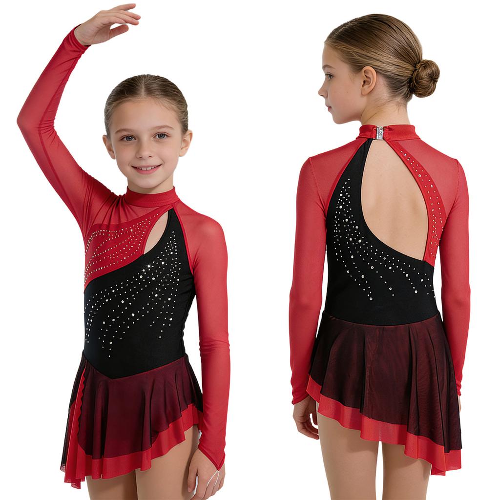 Girls Figure Skating Costume Mesh Long Sleeves Cutout Back Rhinestones Color Block Ruffled Dress Built-in Briefs