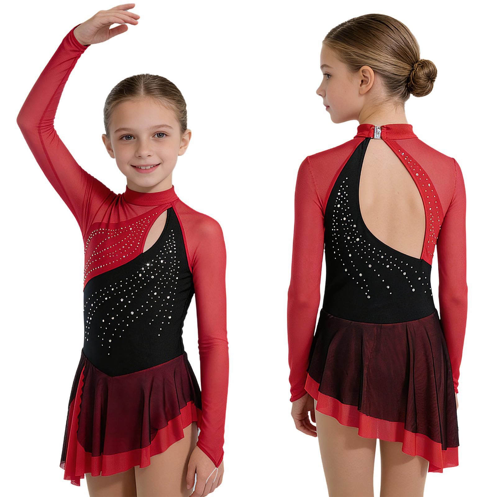 

Children’s Asymmetrical Hem Figure Skating Dress Rhinestone Mesh Long Sleeves Finger Holes Keyhole Front Back Cutout Ruffled with Built-in Briefs 5-6 Years бордовий
