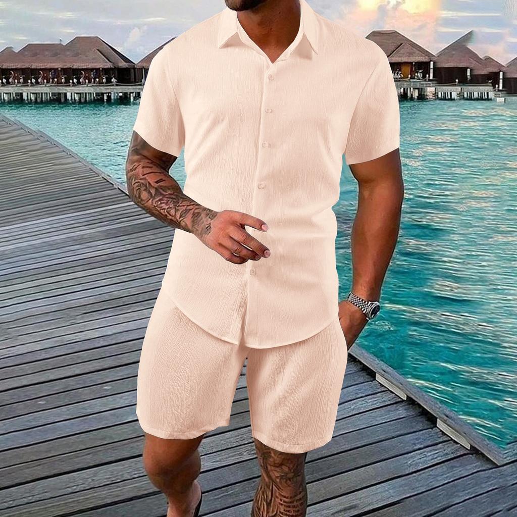 Men's Summer Solid Color Casual Fashion Loose Short-Sleeved Shorts Shirt Suit