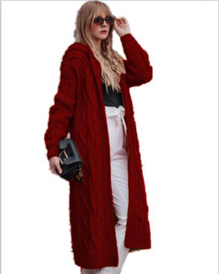 European & American Autumn/Winter Solid Color Hooded Long Loose Cable Knit Cardigan Sweater for Women