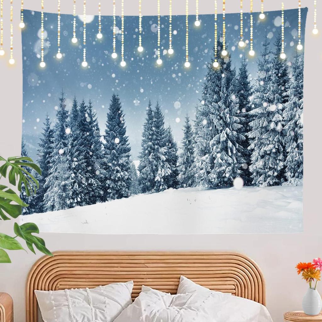 White Snow Wall Tapestry, Grey Wall Hanging Large Tapestry Decoration Polyester Fiber White Hem Around for Dorm Room Bedroom