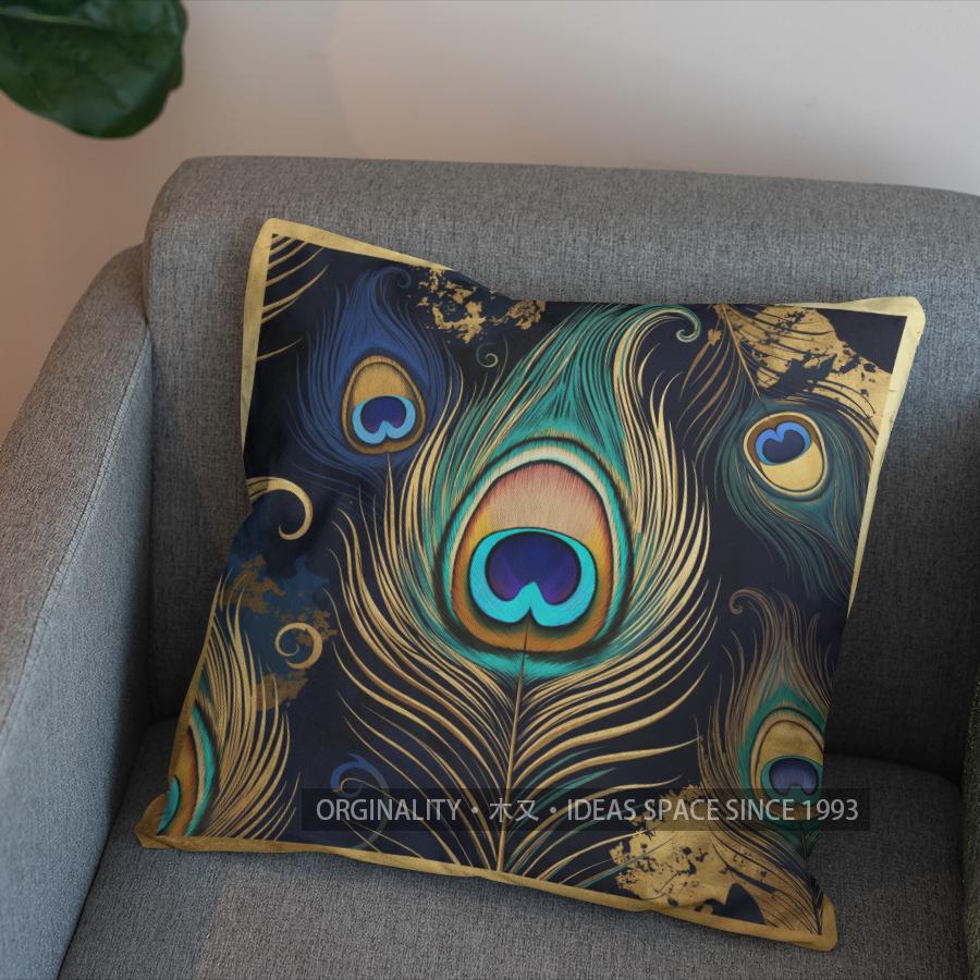 2D Peacock Feathers Pattern Decorative Pillow Covers Pattern Cushion Cover Suitable for Sofa Bedroom Car Pillow Cover