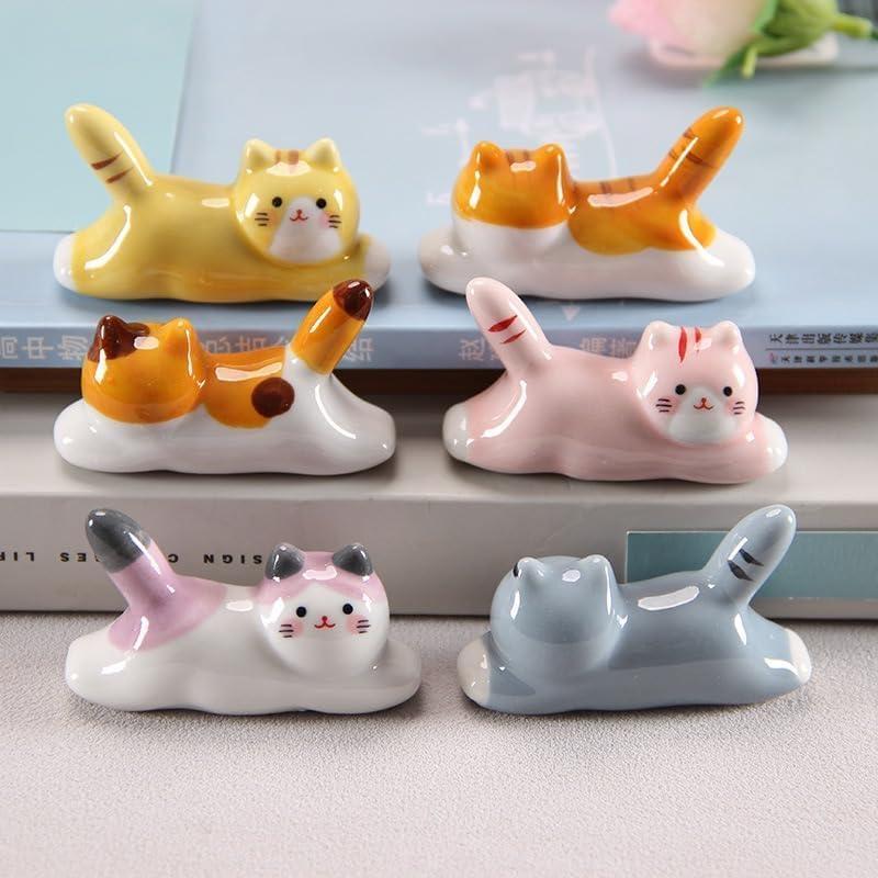 Ceramic Chopstick Holder Animal Series - Running Cat & Country Cat, Multi-color Home Decor, Izakaya Souvenir - Set of 6